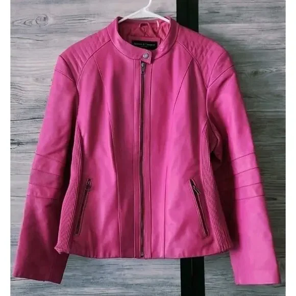 Mason & Cooper Women's Moto Leather Jacket Pink Size 4XL - Picture 2 of 12